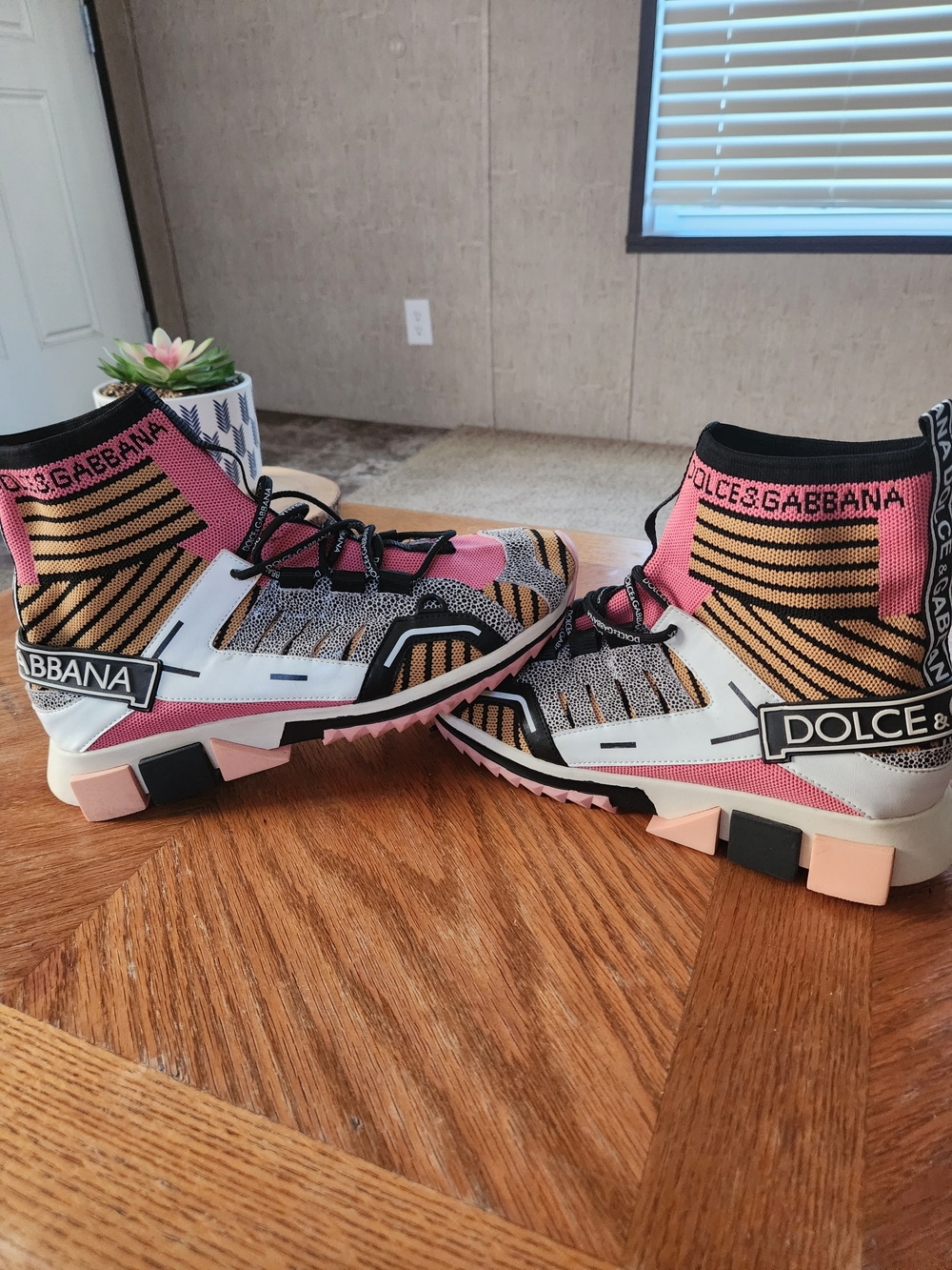 Dolce & Gabbana Pink Black White High-Top Knit Sneakers